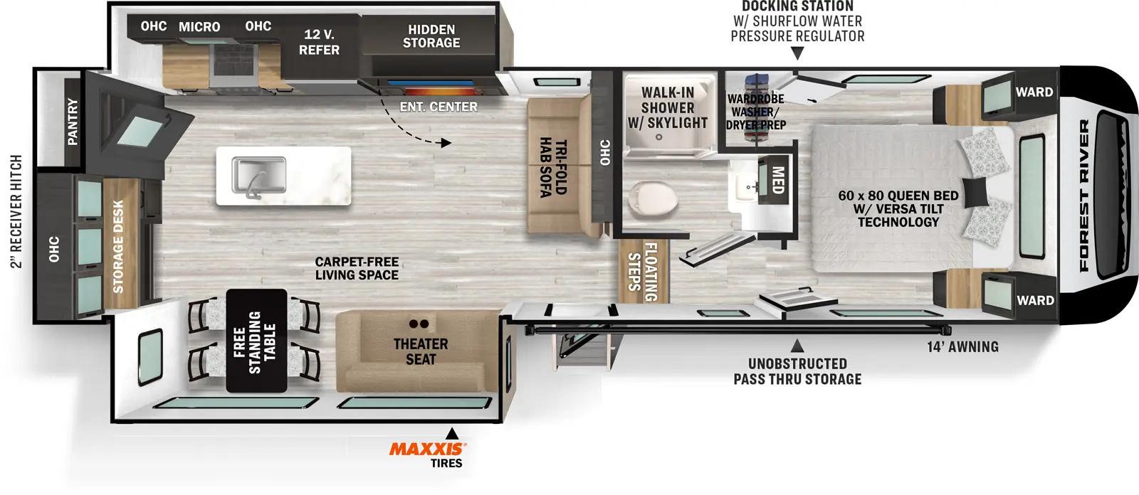 The Impression 270RK has one entry and two slide outs. Exterior features include: fiberglass exterior and 14' awning. Interiors features include: kitchen island, free-standing dinette option and front bedroom.